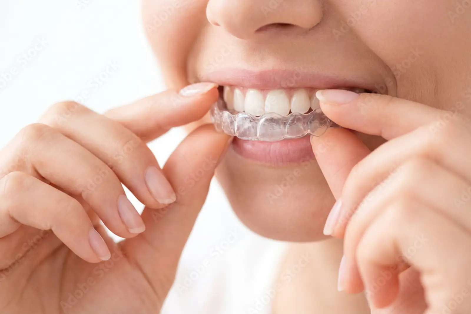 Close-up of a person placing a clear dental mouthguard or aligner onto their upper teeth